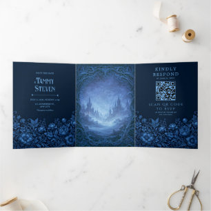 Indigo geschnitzte Wein-Fantasie-Schloss-Hochzeit Dreifach Gefaltete Einladung