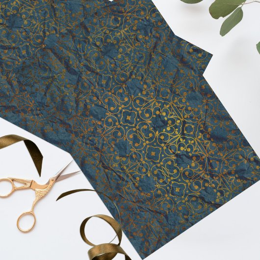 Indigo Gold Classic Elegantes Damask Muster Seidenpapier