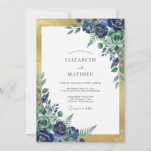 Indigo Gold Pfingstrosen-Hochzeit Einladung