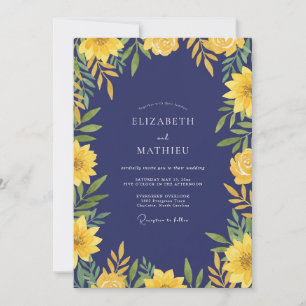 Indigo-Gold-Sonnenblumen-Eukalyptus-Hochzeit Einladung