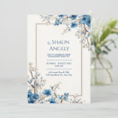 Indigo Gold Vein Ethereal Botanical Frame Wedding Einladung (Stehend Vorderseite)