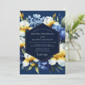 Indigo Golden Iris Bloom Wedding Einladung (Stehend Vorderseite)