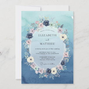 Indigo Immergrün-Kranz-Hochzeit Einladung