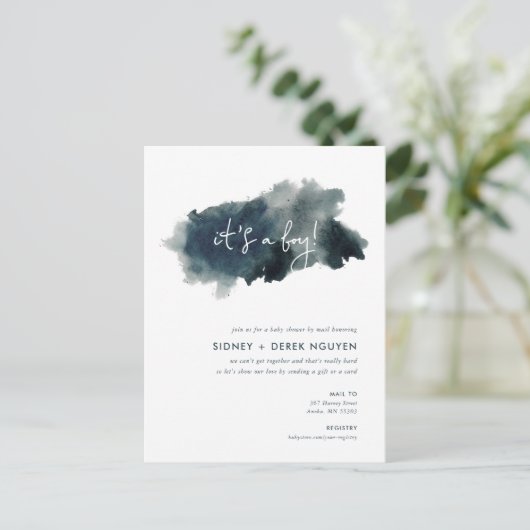 Indigo Ink Wash Boy Baby Shower by Mail Einladung (Stehend Vorderseite)