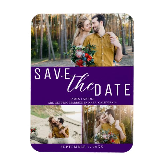 Indigo Lila Save the Date Hochzeit 3 Fotos Magnet (Vertikal)