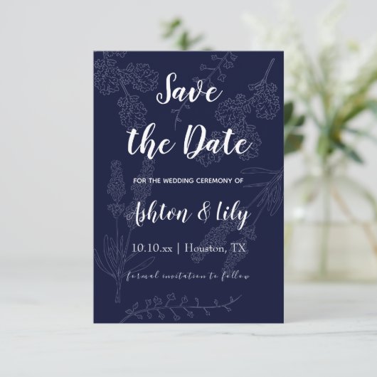 Indigo Lila schlichte Minimalistische Liebe Flora Save The Date (Stehend Vorderseite)