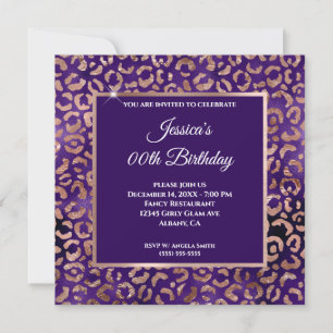 Indigo Lila und Roségold Leopard Folien Geburtstag Einladung