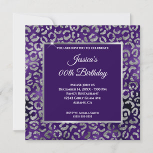 Indigo Lila und Silber Leopard Folien Geburtstag Einladung