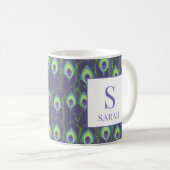 Indigo Lime Green Peacock Custom Initial Mug Kaffeetasse (VorderseiteRechts)