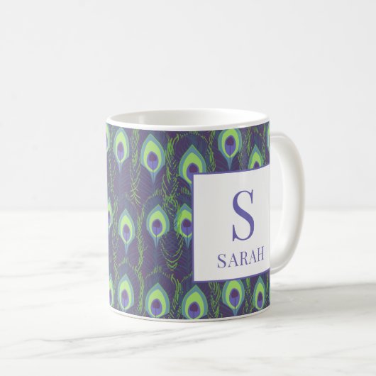 Indigo Lime Green Peacock Custom Initial Mug Kaffeetasse (VorderseiteRechts)