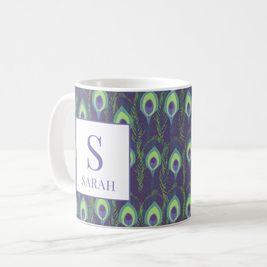 Indigo Lime Green Peacock Custom Initial Mug Kaffeetasse (Vorderseite Links)