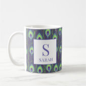 Indigo Lime Green Peacock Custom Initial Mug Kaffeetasse (Links)
