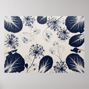 Indigo Lunaria Allium Botanisches Blattmuster Poster