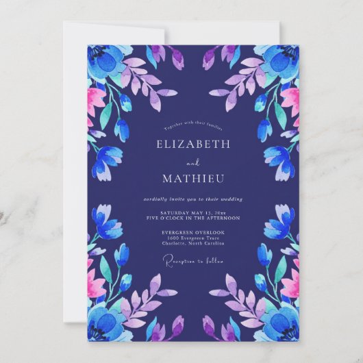 Indigo Magenta Blätter Hochzeit Einladung (Vorderseite)