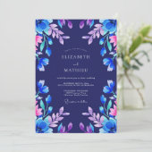 Indigo Magenta Blätter Hochzeit Einladung (Stehend Vorderseite)