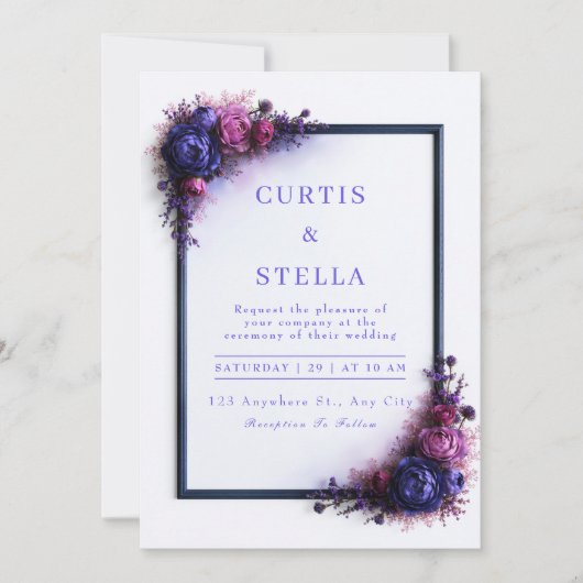 Indigo Magenta Florale Rahmen-Ecke Hochzeit Einladung (Vorderseite)