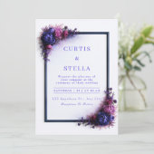 Indigo Magenta Florale Rahmen-Ecke Hochzeit Einladung (Stehend Vorderseite)