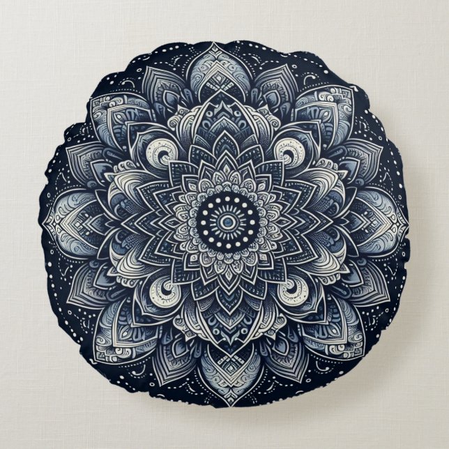 Indigo Mandala  Rundes Kissen (Vorderseite)