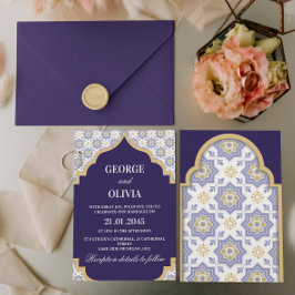 Indigo-Marokkanische Fliesen-Hochzeit Einladung
