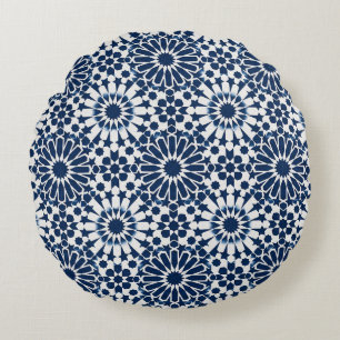 Indigo-marokkanisches geometrisches Stern-Mosaikmu Rundes Kissen