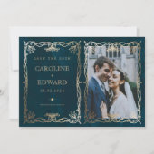 Indigo Medieval Gold Ivy Foto QR Code Save The Date (Vorderseite)