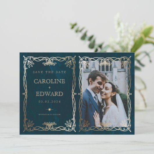 Indigo Medieval Gold Ivy Foto QR Code Save The Date (Stehend Vorderseite)