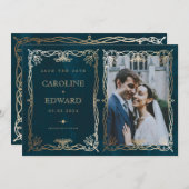Indigo Medieval Gold Ivy Foto QR Code Save The Date (Vorne/Hinten)