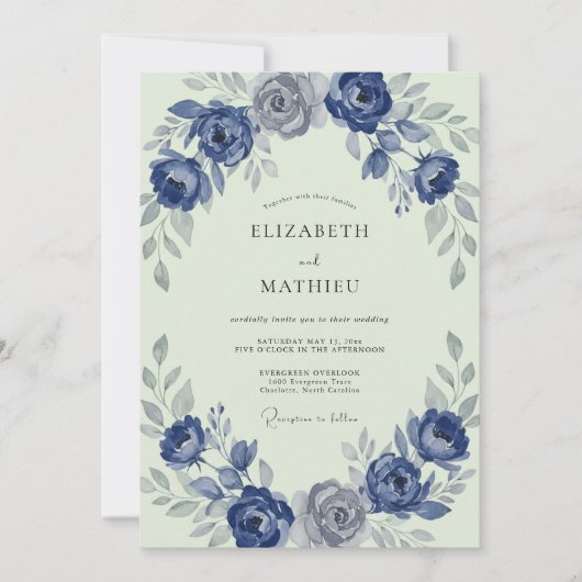 Indigo-Mint-Krankz-Hochzeit Einladung (Vorderseite)