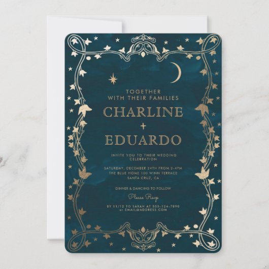 Indigo Mittelalterliches Goldene Ivy Hochzeit Einl Einladung (Vorderseite)