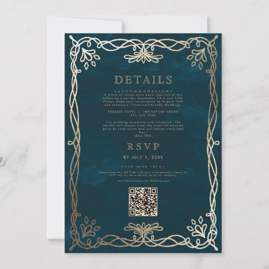 Indigo Mittelalterliches Goldene Ivy Hochzeit Einl Einladung (Rückseite)