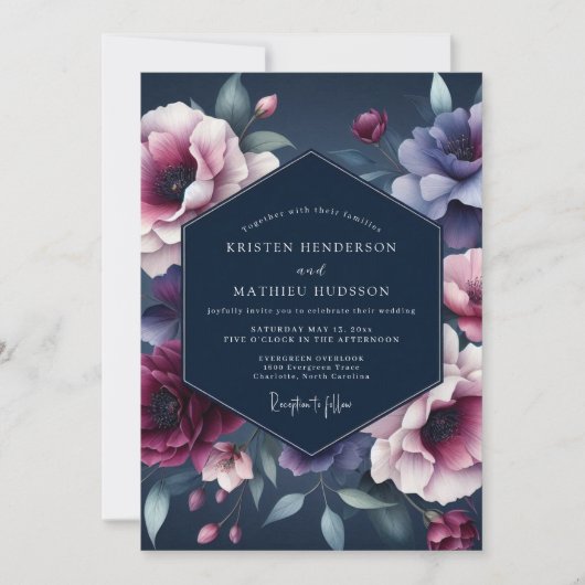 Indigo Mitternachtsflora Hochzeit Einladung (Vorderseite)