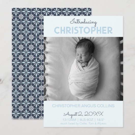 Indigo Modern Tile Birth Announcement Card (Vorne/Hinten)
