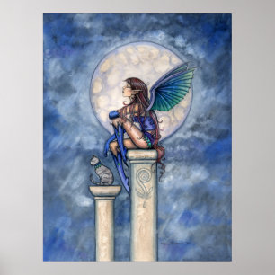Indigo Mond Fee und Katze Poster Druck