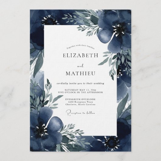Indigo Moody Bloom Hochzeit Einladung (Vorderseite)
