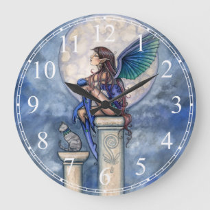 Indigo Moon Blue Fairy und Cat Fantasy Clock Große Wanduhr