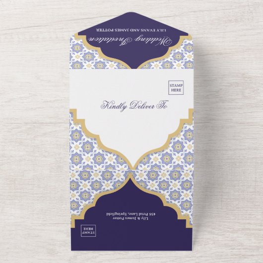 Indigo Moroccan Tile Wedding  All In One Einladung (Außenbereich)