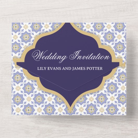 Indigo Moroccan Tile Wedding  All In One Einladung (Rückseite)