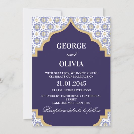 Indigo Moroccan Tile Wedding Einladung (Vorderseite)