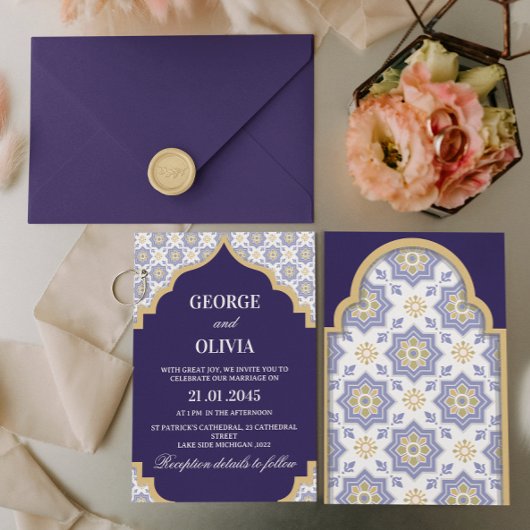 Indigo Moroccan Tile Wedding Einladung
