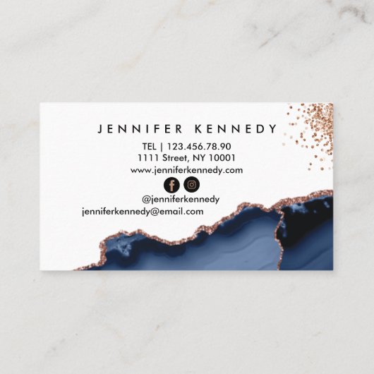 Indigo Navy Blue Rose Gold Glitzer Agate Marble Visitenkarte (Rückseite)