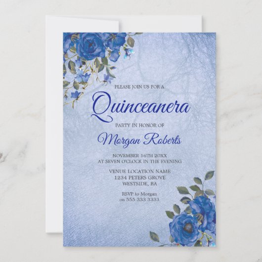Indigo Navy Blume Blue Watercolor Quinceanera Einladung (Vorderseite)