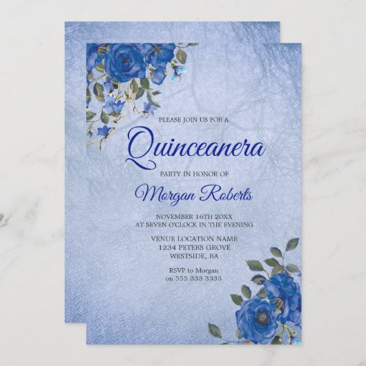 Indigo Navy Blume Blue Watercolor Quinceanera Einladung (Vorne/Hinten)