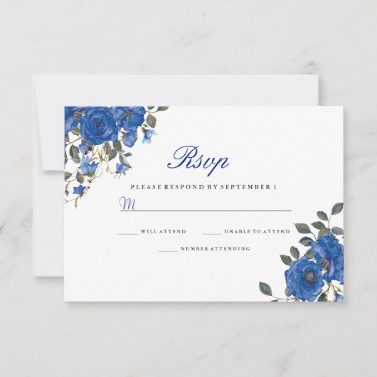Indigo Navy Midnight Blue Flowers Wedding RSVP Karte (Vorderseite)