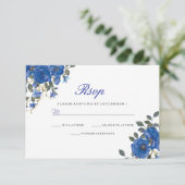 Indigo Navy Midnight Blue Flowers Wedding RSVP Karte (Stehend Vorderseite)