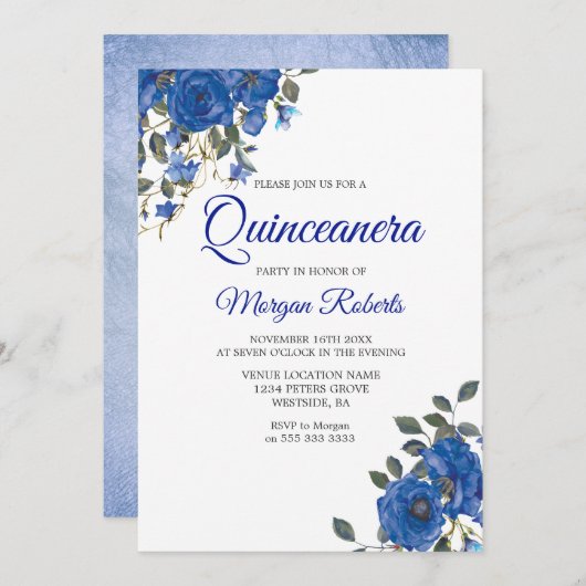 Indigo Navy Mitternacht Blumen Quinceanera Einladung (Vorne/Hinten)