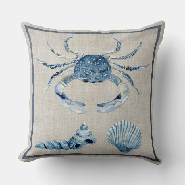 Indigo Ocean Blue Crab Turban Scallop Muscheln Kissen (Vorderseite)