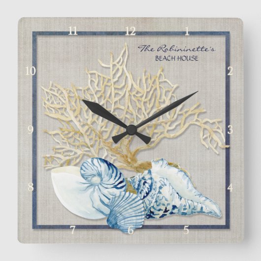 Indigo Ocean Crab Seashells Nautical Beach House Quadratische Wanduhr (Vorderseite)