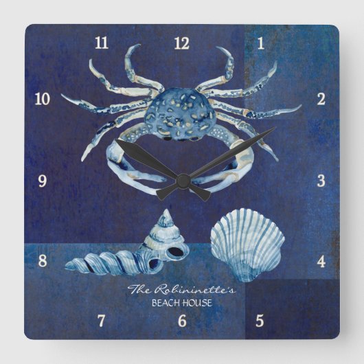 Indigo Ocean Crab Seashells Nautical Beach House Quadratische Wanduhr (Vorderseite)
