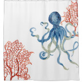 Indigo Ocean Red Fan Coral Blue Octopus Wasserfarb Duschvorhang (Vorderseite)