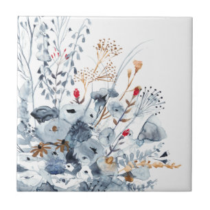 Indigo & Ochre - Aquarellfarben-Blume Fliese